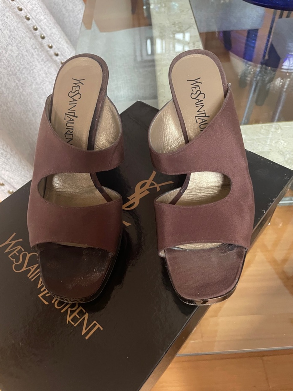Yves Saint Laurent Brown SatinCrossover Slide Mules